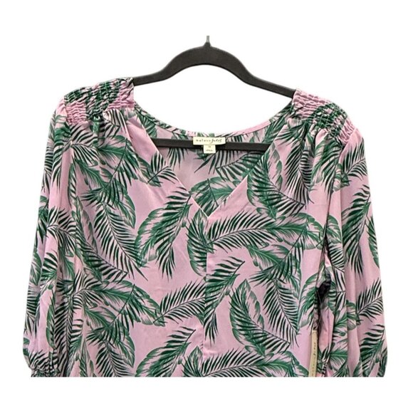 Maison Jules Womens Pink Green Palm Print Blouse 1X  3/4 Sleeves Smocked Details - Picture 2 of 7